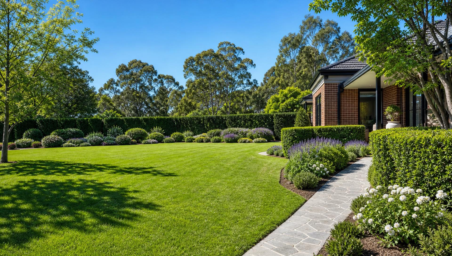 A professionally maintained residential garden with manicured lawn, garden beds, hedges and a stone path