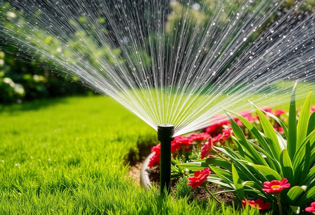 Garden irrigation system watering a residential lawn and garden bed