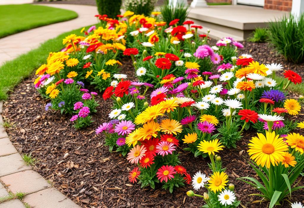 Colourful seasonal flowers planted in a prepared garden bed